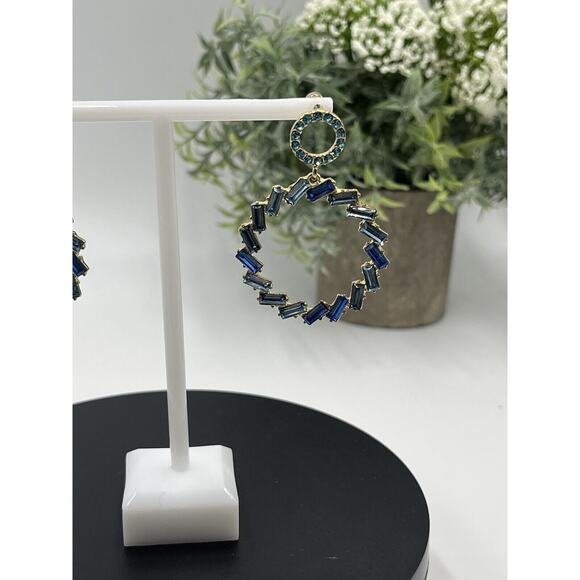 Lulus Blue Without You Blue Hues Rhinestone Statement Earrings Signed Disc Back - Picture 13 of 14